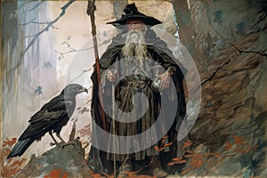 Odin Skandinavian god with his ravens Huginn, Muninn. Concept illustration. Sumarsdag holiday March 20th greeting card