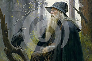 Odin Skandinavian god with his ravens Huginn, Muninn. Concept illustration. Sumarsdag holiday March 20th greeting card