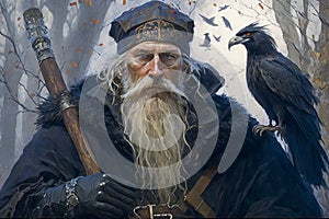 Odin Skandinavian god with his ravens Huginn, Muninn. Concept illustration. Sumarsdag holiday March 20th greeting card