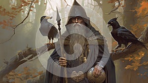 Odin Skandinavian god with his ravens Huginn, Muninn. Concept illustration. Sumarsdag holiday March 20th greeting card