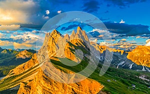 Odle Mountain range at sunset, Seceda, Dolomite, Italy