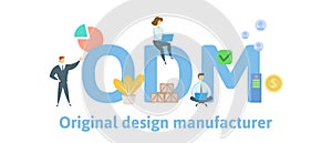 ODM, Original Design Manufacturer. Concept with keywords, people and icons. Flat vector illustration. Isolated on white