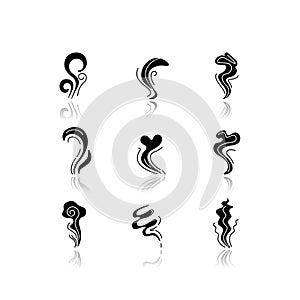 Odor drop shadow black glyph icons set. Good and bad smell. Heart shape nice odour, fluid, perfume scent. Aromatic
