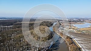 The Odra river flowing through the RacibÃ³rz dry flood control reservoir in winter in Silesia, Poland