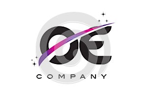 OE O E Black Letter Logo Design with Purple Magenta Swoosh