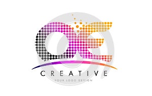 OE O E Letter Logo Design with Magenta Dots and Swoosh