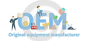 OEM, Original Equipment Manufacturing. Concept with keywords, people and icons. Flat vector illustration. Isolated on