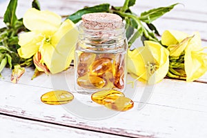 Oenothera biennis oil pills, evening primrose plant flowers, herbal medicine supplement