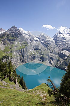 Oeschinenesee with the mountains BlÃ¼emlisalphorn and Doldenhorn in the background
