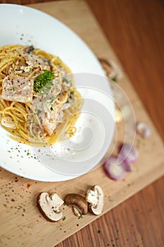 Off angle top view of spaghetti carbonara lunch dinner meal