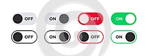 On and Off badges. On Off switcher icons. Vector scalable graphics