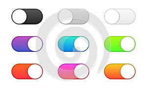 On and off. Black, gray, white and colored switch interface buttons
