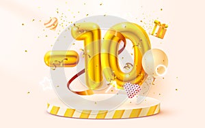 10 Off. Discount creative composition. 3d Golden sale symbol with decorative objects, heart shaped balloons, golden photo
