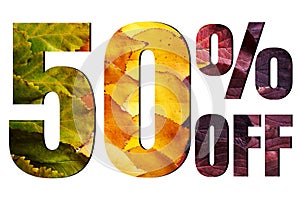 50% off discount promotion sale poster, ads. Autumn sale banner with green, yellow and red leaves on white background.