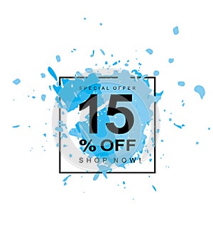 15% OFF. Discount Vector Symbol. Blue Abstract Spash in a Black Square Frame. photo