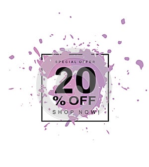 20% OFF. Discount Vector Symbol. Violet Abstract Spash in a Black Square Frame. photo