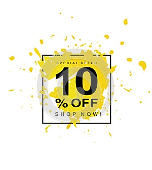 10% OFF. Discount Vector Symbol. Yellow Abstract Spash in a Black Square Frame. photo