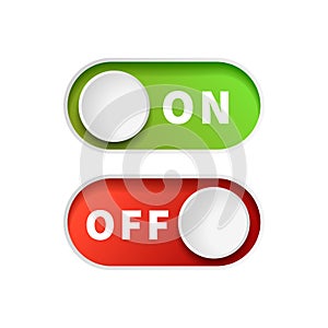 On and Off green and red toggle switch buttons on white