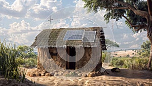 Off-Grid Sanctuary: Tiny Hut Embraces Solar Power & Utopia, generative ai