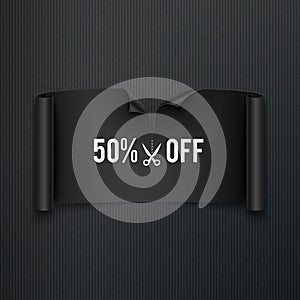 50% off, half price discount, black realistic ribbon, advertisement, big sale, vector illustration