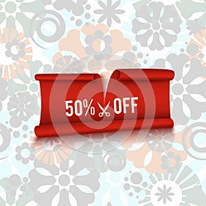 50% off, half price discount, red realistic ribbon, advertisement, big sale, vector illustration
