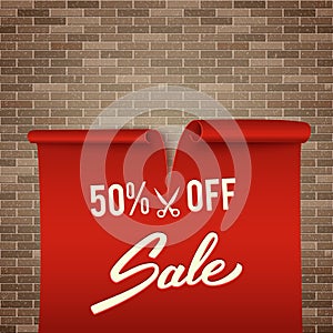 50% off, half price discount, red realistic ribbon, advertisement, big sale, vector illustration