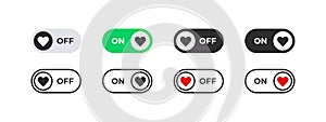 On and Off icons. On Off switcher with heart icons. Vector scalable graphics