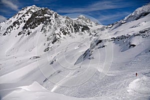 Off piste skiing experience at the Thorens Glacier in Val Thorens ski resort, France.