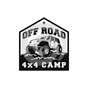 Off road adventure car logo badge  design. 4x4 vehicle run over the forest ground illustration for extreme expedition