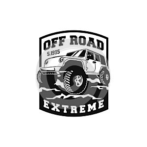 Off road adventure car logo badge  design. 4x4 vehicle run over the forest ground illustration for extreme expedition