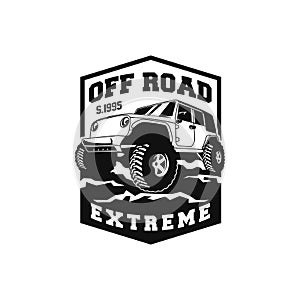 Off road adventure car logo badge  design. 4x4 vehicle run over the forest ground illustration for extreme expedition