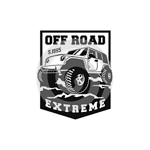 Off road adventure car logo badge  design. 4x4 vehicle run over the forest ground illustration for extreme expedition