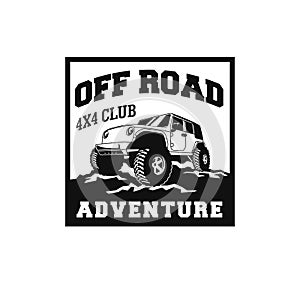 Off road adventure car logo badge  design. 4x4 vehicle run over the forest ground illustration for extreme expedition