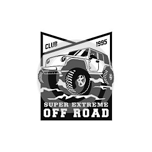 Off road adventure car logo badge vector design. 4x4 vehicle run over the forest ground illustration for extreme expedition