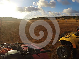 Off road ATV in beautiful land landscape with blue sky. Extreme sport with incredible places photo