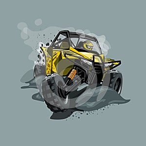 Off-Road ATV Buggy, rides through the mud. Yellow color.