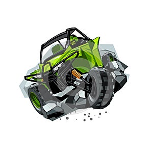 Off-Road ATV Buggy, rides through obstacles stones. Green color.