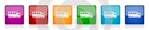 Off road bus icon set, combination truck colorful square glossy vector illustrations in 6 options for web design and mobile