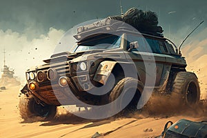 Off road car in action, creative digital illustration painting