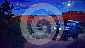 off-road car, country music background, road trip,