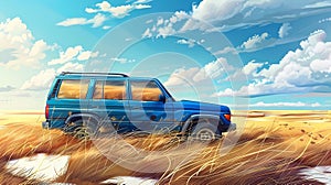 off-road car, country music background, road trip,