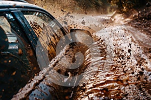 Off-road car going through deep mud holes