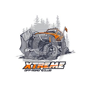 Off-road car overcomes extreme obstacles in the mountains. Illustration in vector graphics photo