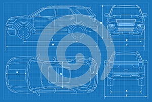 Off-road car schematic or suv car blueprint. Vector illustration. off road vehicle in outline. Business vehicle template