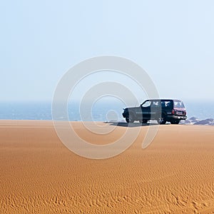 Off road desert adventure, car and tracks on sand.