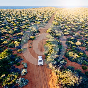 Off road desert adventure, car and tracks on sand in the Australian Outback.