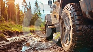 Off road expedition SUV conquers rugged dirt road, embracing extreme terrain exploration, Ai Generated