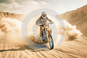 Off-Road Motorbike in dust cloud with sand cloud on background. Biker rider in action. Generative AI