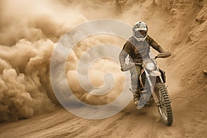 Off-Road Motorbike in dust cloud with sand cloud on background. Biker rider in action. Generative AI