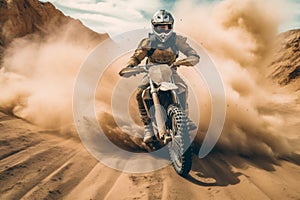 Off-Road Motorbike in dust cloud with sand cloud on background. Biker rider in action. Generative AI